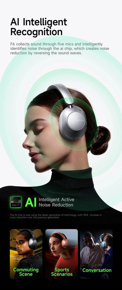 Picun-Casque Bluetooth à suppression active du bruit F6, suivi de la tête ANC, audio 3D, casque sans fil, haute résolution, faible latence de contrôle