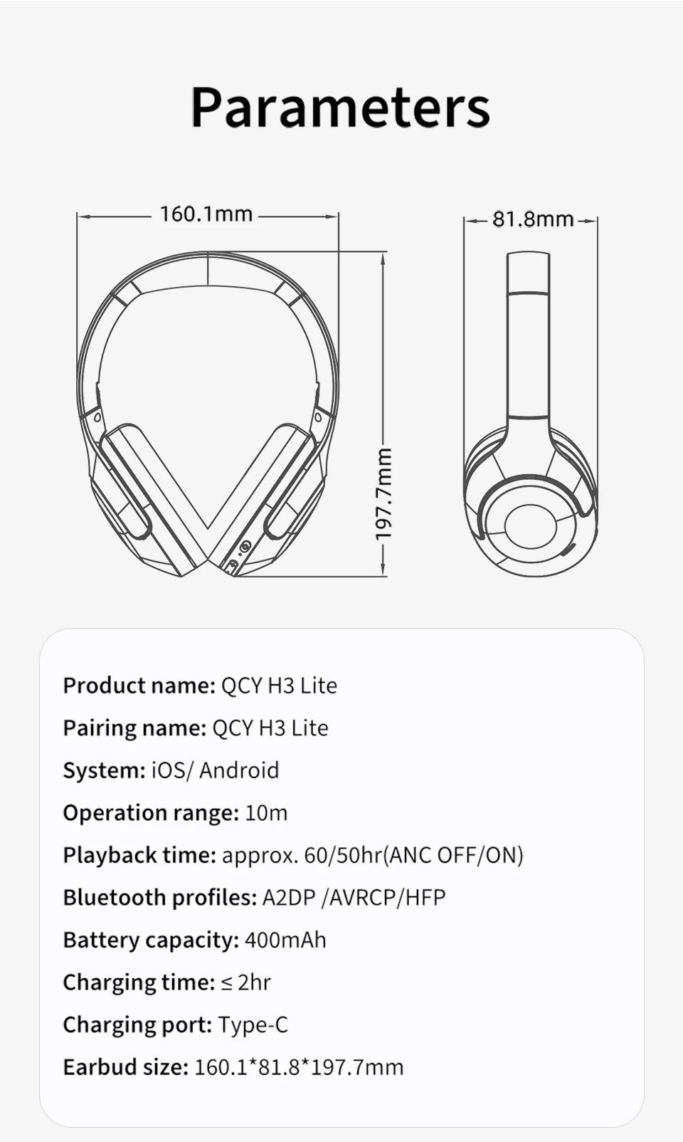 QCY-Écouteurs sans fil et filaires H3 Lite ANC, Bluetooth 5.3, casque supra-auriculaire pliable, son HIFI, 60 heures de lecture, écouteurs pour touristes allergiques