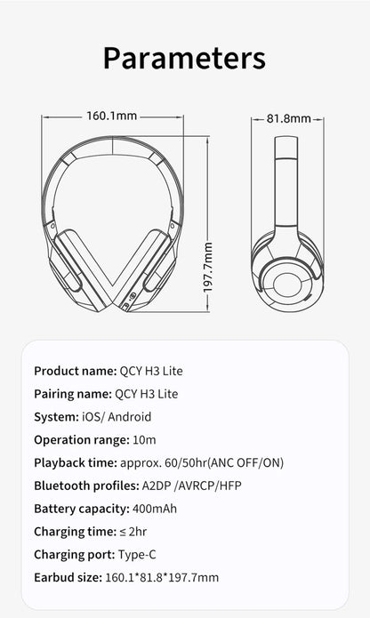 QCY-Écouteurs sans fil et filaires H3 Lite ANC, Bluetooth 5.3, casque supra-auriculaire pliable, son HIFI, 60 heures de lecture, écouteurs pour touristes allergiques
