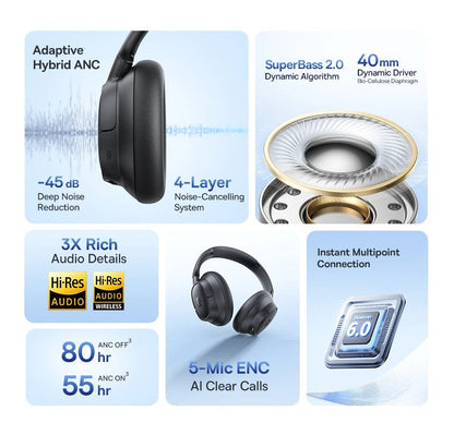 Baseus EH10 NC ANC casque sans fil 45dB casques hybrides adaptatifs antibruit casque LDAC haute résolution Bluetooth 6.0 80 heures