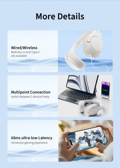 QCY-Écouteurs sans fil et filaires H3 Lite ANC, Bluetooth 5.3, casque supra-auriculaire pliable, son HIFI, 60 heures de lecture, écouteurs pour touristes allergiques