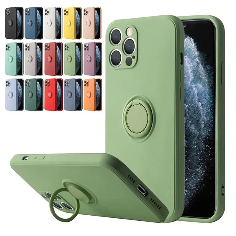 Coque de téléphone avec anneau de support magnétique en Silicone liquide, étui arrière antichoc pour IPhone 15 14 13 12 11 Pro Max Mini X XS XR 8 7 Plus