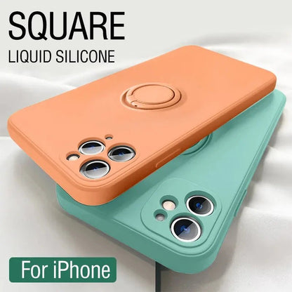 Coque de téléphone avec anneau de support magnétique en Silicone liquide, étui arrière antichoc pour IPhone 15 14 13 12 11 Pro Max Mini X XS XR 8 7 Plus
