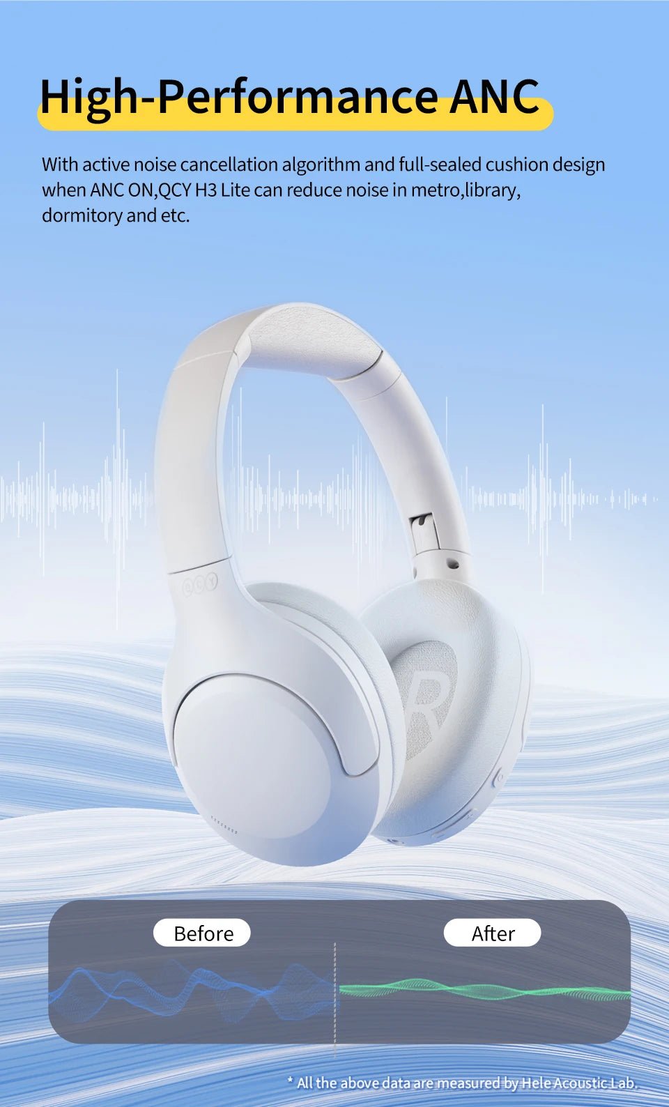 QCY-Écouteurs sans fil et filaires H3 Lite ANC, Bluetooth 5.3, casque supra-auriculaire pliable, son HIFI, 60 heures de lecture, écouteurs pour touristes allergiques