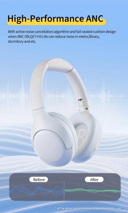 QCY-Écouteurs sans fil et filaires H3 Lite ANC, Bluetooth 5.3, casque supra-auriculaire pliable, son HIFI, 60 heures de lecture, écouteurs pour touristes allergiques