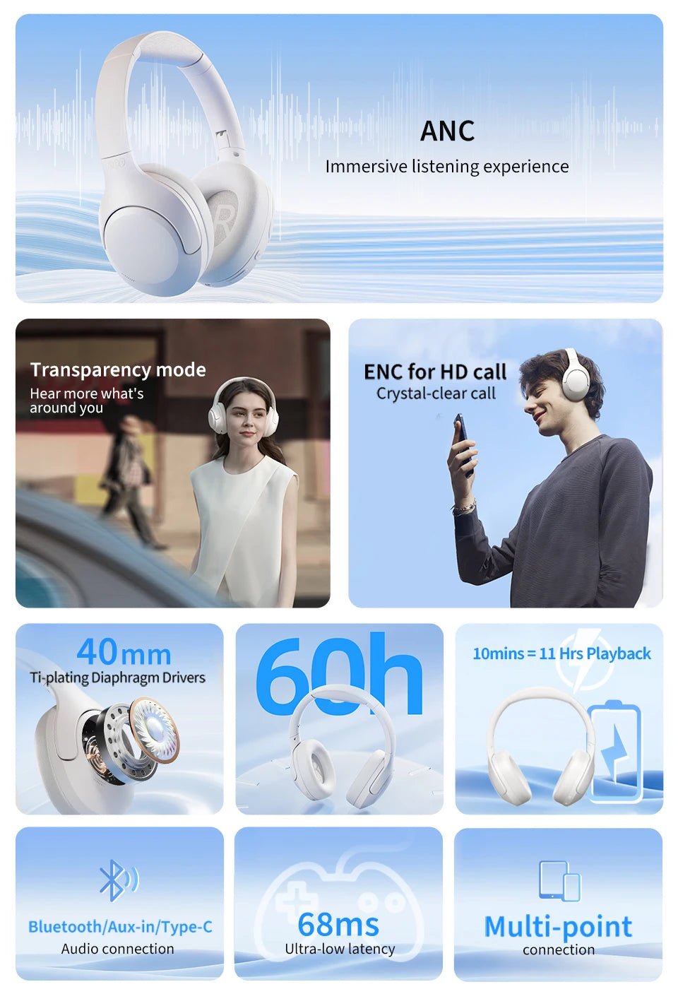 QCY-Écouteurs sans fil et filaires H3 Lite ANC, Bluetooth 5.3, casque supra-auriculaire pliable, son HIFI, 60 heures de lecture, écouteurs pour touristes allergiques