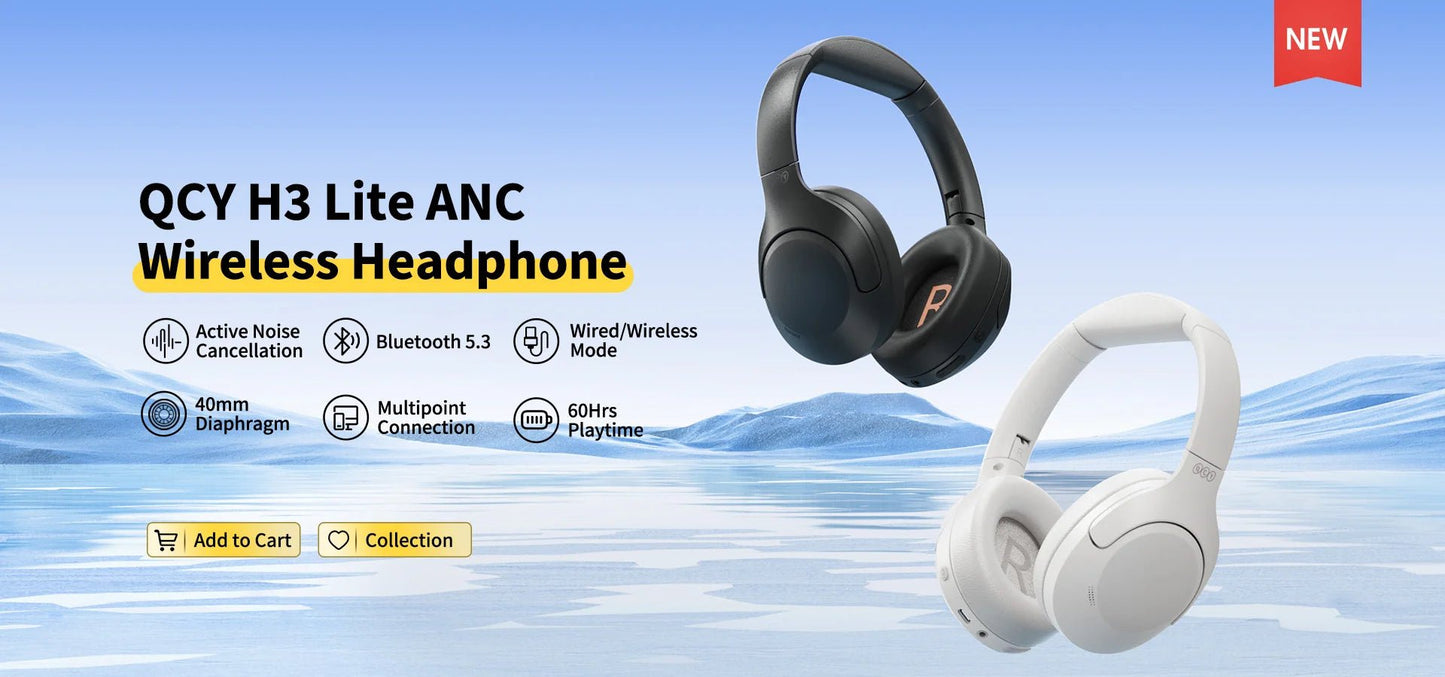 QCY-Écouteurs sans fil et filaires H3 Lite ANC, Bluetooth 5.3, casque supra-auriculaire pliable, son HIFI, 60 heures de lecture, écouteurs pour touristes allergiques