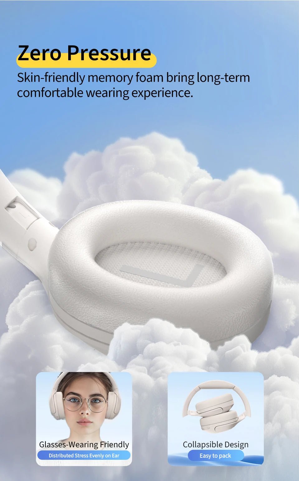 QCY-Écouteurs sans fil et filaires H3 Lite ANC, Bluetooth 5.3, casque supra-auriculaire pliable, son HIFI, 60 heures de lecture, écouteurs pour touristes allergiques
