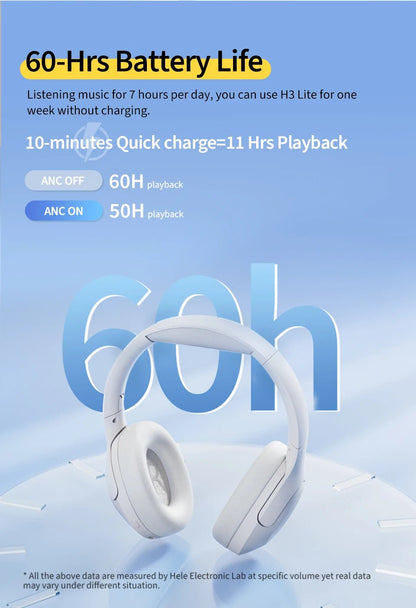 QCY-Écouteurs sans fil et filaires H3 Lite ANC, Bluetooth 5.3, casque supra-auriculaire pliable, son HIFI, 60 heures de lecture, écouteurs pour touristes allergiques