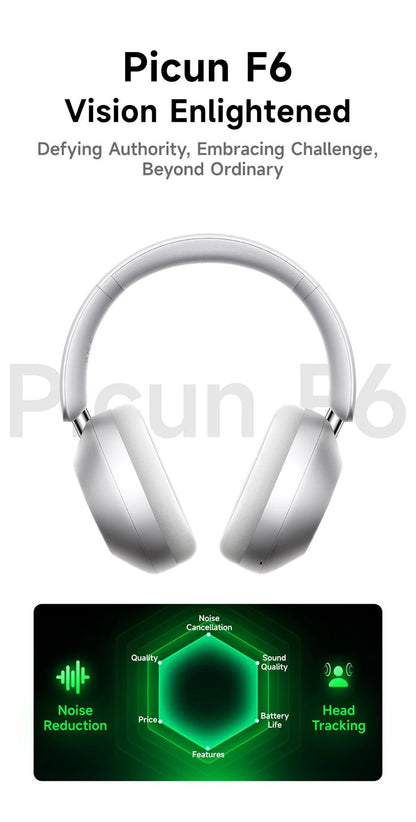 Picun-Casque Bluetooth à suppression active du bruit F6, suivi de la tête ANC, audio 3D, casque sans fil, haute résolution, faible latence de contrôle