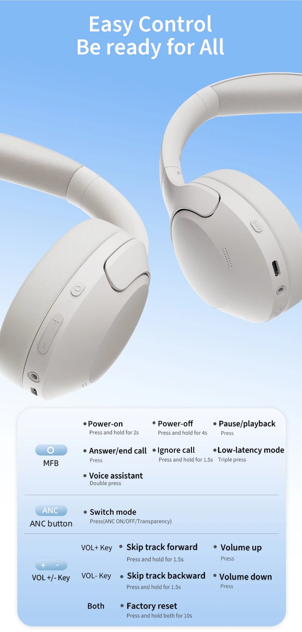 QCY-Écouteurs sans fil et filaires H3 Lite ANC, Bluetooth 5.3, casque supra-auriculaire pliable, son HIFI, 60 heures de lecture, écouteurs pour touristes allergiques