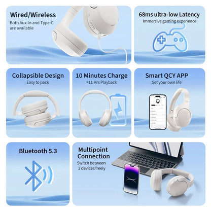 QCY-Écouteurs sans fil et filaires H3 Lite ANC, Bluetooth 5.3, casque supra-auriculaire pliable, son HIFI, 60 heures de lecture, écouteurs pour touristes allergiques